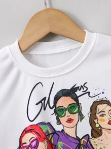 SHEIN 小女童人像圖案運動衫 - 白色 - 查看 3