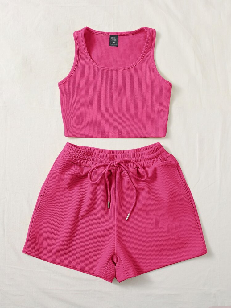 Comfortcana พลัส สีพื้น เสื้อกล้าม & กางเกงแทร็ค เซ็ต - สีชมพูบานเย็น - ดู 3