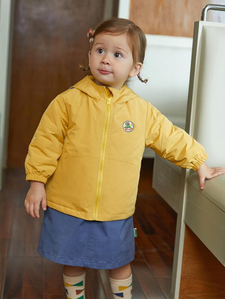 Toddler Girls Cartoon Embroidery Patch Detail Hooded Jacket - Mustard Yellow - View 7