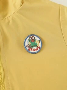 Toddler Girls Cartoon Embroidery Patch Detail Hooded Jacket - Mustard Yellow - View 8