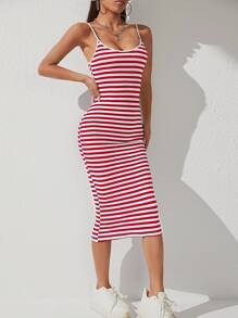 SHEIN PETITE Striped Bodycon Dress - Red and White - View 3