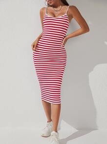 SHEIN PETITE Striped Bodycon Dress - Red and White - View 4