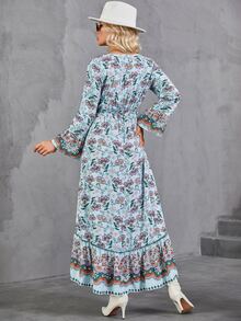 Floral Print Trumpet Sleeve Ruffle Hem Dress Without Belt - Multicolor - View 2