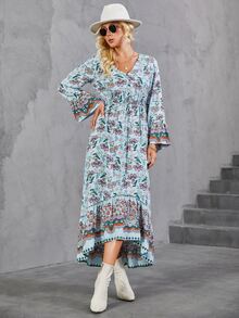 Floral Print Trumpet Sleeve Ruffle Hem Dress Without Belt - Multicolor - View 3
