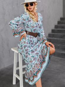 Floral Print Trumpet Sleeve Ruffle Hem Dress Without Belt - Multicolor - View 6