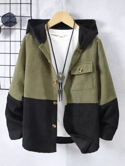SHEIN Boys Two Tone Flap Pocket Hooded Corduroy Coat Without Tee