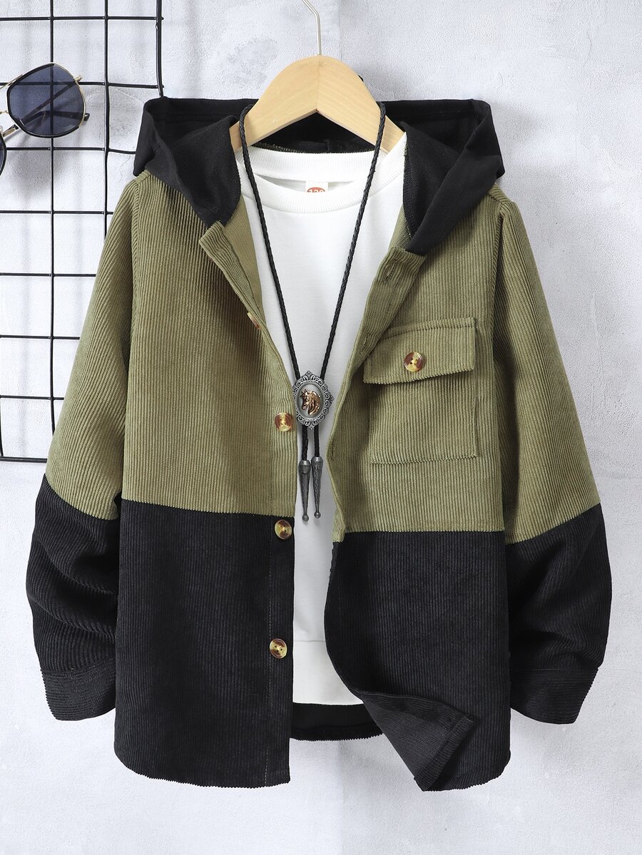 SHEIN 男孩雙色翻蓋口袋連帽燈芯絨大衣不帶T恤 - 彩色 - 查看 1