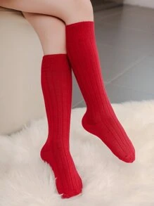 Toddler Girls Solid Over The Calf Socks, For Christmas - Red - View 2
