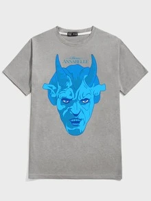 ROMWE MEN WB Horror | ROMWE Hombres Camiseta con estampado de letra - Gris - Ver 7