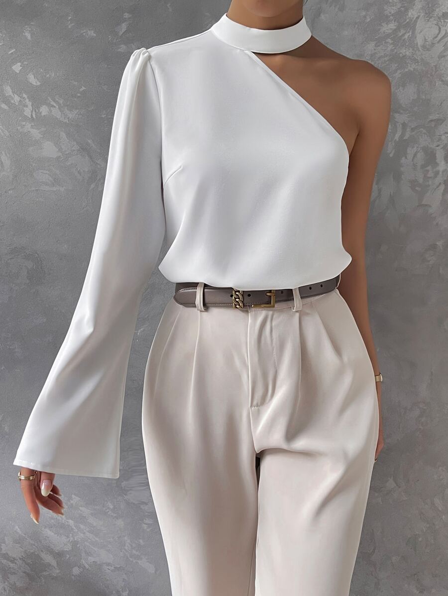 Solid Asymmetrical Neckline Blouse, Long Sleeve - trắng - Xem 1