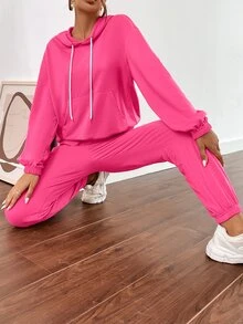 袋鼠口袋落肩袖抽繩連帽衫和運動褲 - 玫紅色 - 查看 3