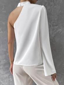 Solid Asymmetrical Neckline Blouse, Long Sleeve - trắng - Xem 2