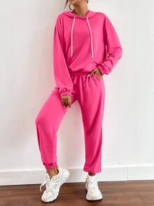 袋鼠口袋落肩袖抽繩連帽衫和運動褲 - 玫紅色 - 查看 4