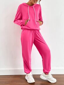 袋鼠口袋落肩袖抽繩連帽衫和運動褲 - 玫紅色 - 查看 6