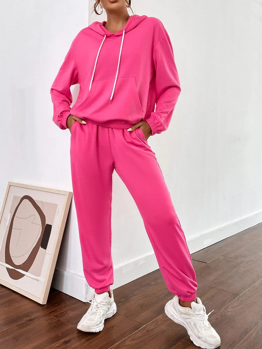 袋鼠口袋落肩袖抽繩連帽衫和運動褲 - 玫紅色 - 查看 1