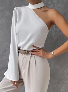 Solid Asymmetrical Neckline Blouse, Long Sleeve - trắng - Xem 4