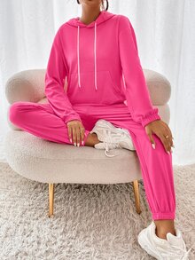 袋鼠口袋落肩袖抽繩連帽衫和運動褲 - 玫紅色 - 查看 5