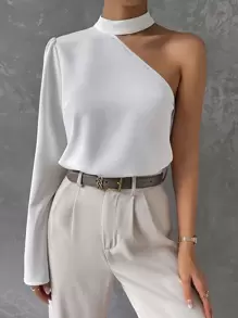 Solid Asymmetrical Neckline Blouse, Long Sleeve - trắng - Xem 5