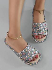 Women Ditsy Floral Pattern Bedroom Slippers, Fashion Indoor Home Slippers - Blue - View 3