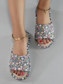 Women Ditsy Floral Pattern Bedroom Slippers, Fashion Indoor Home Slippers - Blue - View 4