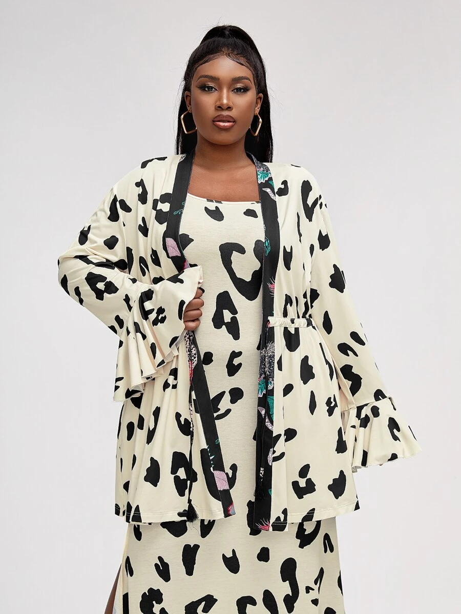 Robyn Nichole Plus Graphic Print Flounce Sleeve Drawstring Waist Kimono - Multicolor - View 1