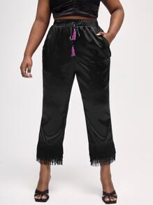 Robyn Nichole Plus Tie Front Fringe Hem Trousers - Black - View 1