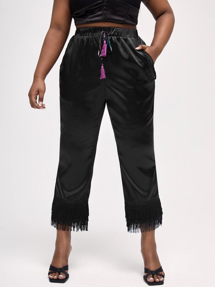 Robyn Nichole Plus Tie Front Fringe Hem Trousers - Black - View 1