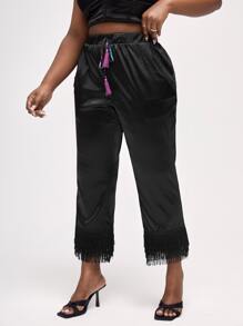 Robyn Nichole Plus Tie Front Fringe Hem Trousers - Black - View 5
