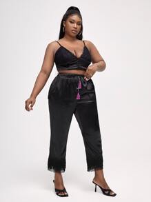 Robyn Nichole Plus Tie Front Fringe Hem Trousers - Black - View 6