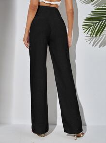 SHEIN Tall Fold Pleated Straight Leg Trousers - Black - View 2