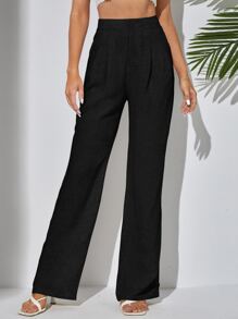 SHEIN Tall Fold Pleated Straight Leg Trousers - Black - View 3