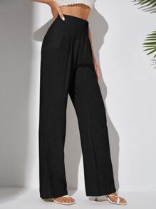 SHEIN Tall Fold Pleated Straight Leg Trousers - Black - View 5