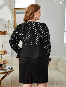 SHEIN Clasi Plus Polka Dot Print Flounce Sleeve Peplum Waist Dress - Black - View 2
