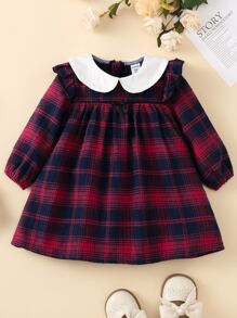 Baby Girl Contrast Peter Pan Collar Plaid Smock Dress
