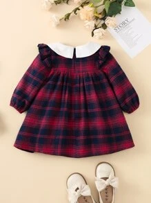 Baby Girl Contrast Peter Pan Collar Plaid Smock Dress