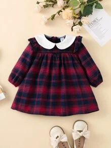 Baby Girl Contrast Peter Pan Collar Plaid Smock Dress
