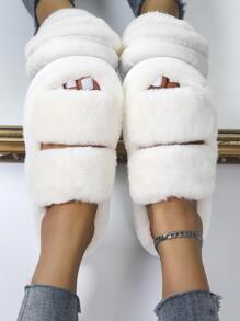 Double Strap Fluffy Bedroom Slippers,Women's EVA Thick-soled Beige Long Plush Double Shoulder Strap Platform Slippers, Casual Antiskid Bedroom Slippers, Comfortable Indoor Home Slippers for Autumn and Winter - White - View 3