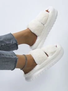 Double Strap Fluffy Bedroom Slippers,Women's EVA Thick-soled Beige Long Plush Double Shoulder Strap Platform Slippers, Casual Antiskid Bedroom Slippers, Comfortable Indoor Home Slippers for Autumn and Winter - White - View 5