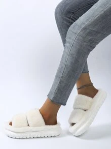 Double Strap Fluffy Bedroom Slippers,Women's EVA Thick-soled Beige Long Plush Double Shoulder Strap Platform Slippers, Casual Antiskid Bedroom Slippers, Comfortable Indoor Home Slippers for Autumn and Winter - White - View 6