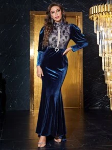 YISIKADO Đầm Tương phản Mesh ghép mộng kim sa Pha lê kim cương màu trơn Hấp dẫn - Màu xanh hải quân - Xem 1