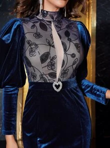 YISIKADO Đầm Tương phản Mesh ghép mộng kim sa Pha lê kim cương màu trơn Hấp dẫn - Màu xanh hải quân - Xem 4