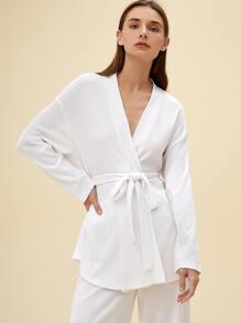 SHEIN Bata con cinturón de 60% algodón waffle comodidad antiestático de hombros caídos tejido waffle - Blanco - Ver 6