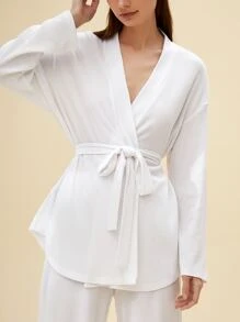SHEIN Bata con cinturón de 60% algodón waffle comodidad antiestático de hombros caídos tejido waffle - Blanco - Ver 9