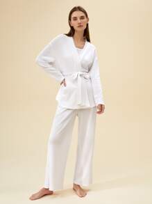 SHEIN Bata con cinturón de 60% algodón waffle comodidad antiestático de hombros caídos tejido waffle - Blanco - Ver 10