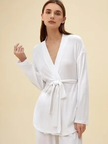 SHEIN Bata con cinturón de 60% algodón waffle comodidad antiestático de hombros caídos tejido waffle - Blanco - Ver 12
