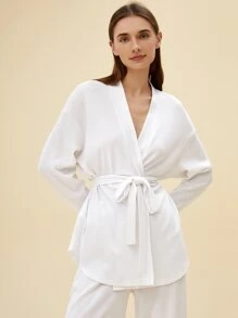 SHEIN Bata con cinturón de 60% algodón waffle comodidad antiestático de hombros caídos tejido waffle - Blanco - Ver 11