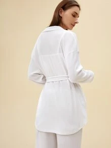 SHEIN Bata con cinturón de 60% algodón waffle comodidad antiestático de hombros caídos tejido waffle - Blanco - Ver 7