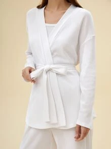 SHEIN Bata con cinturón de 60% algodón waffle comodidad antiestático de hombros caídos tejido waffle - Blanco - Ver 8