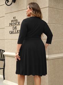 Plus Solid Tie Side Wrap Dress - Black - View 2