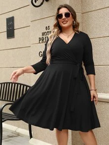 Plus Solid Tie Side Wrap Dress - Black - View 3